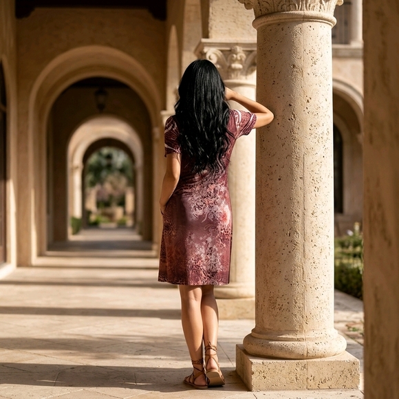 Dressbarn brand dress featuring a mixed floral & animal print in earthy brown 8 - Picture 4 of 13